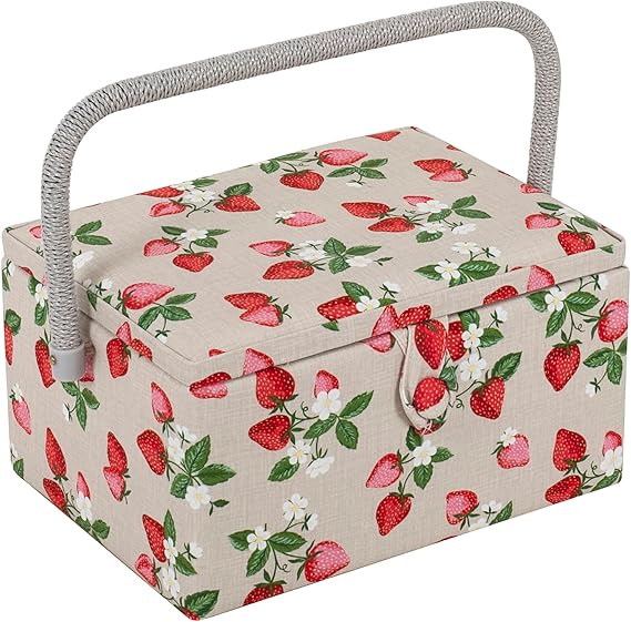 Hobby Gift Medium Sewing Box Organiser with Handle - Cotton Basket Sewing Storage Box, Craft Storage Boxes with Compartments for Tools & Accessories - 18.5 x 25.5 x 14.5cm, Strawberries