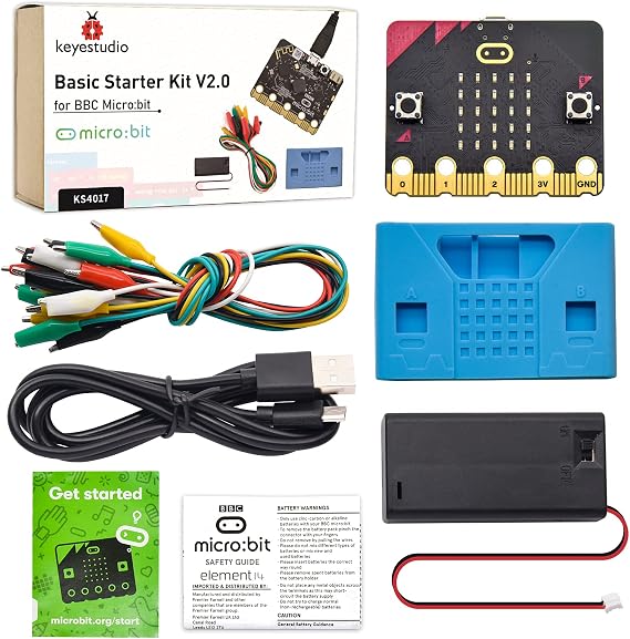 KEYESTUDIO Basic Starter Kit for BBC Micro bit V2, Graphical Programming Built-in Compass, Buttons, LED Matrix Display + Battery Holder & USB Cable for Microbit