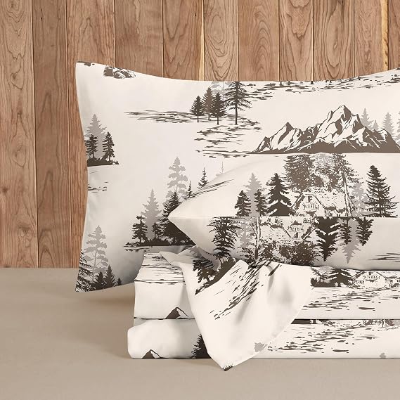 Wake In Cloud - Rustic Bed Sheets, 4-Piece Sheet Set, Cabin Forest Woodland Camping Theme with Lodge Mountain Pattern Printed Bedding, Deep Pocket, Beige Brown, Queen Size