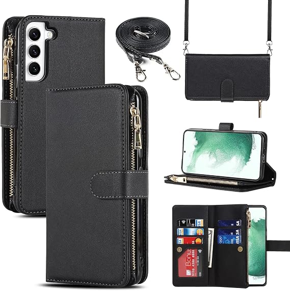 Cavor for Samsung Galaxy S22 Plus Crossbody Wallet Case with Card Slots,Leather Magnetic Closure Zipper Pocket Case Kickstand Feature TPU Shockproof Flip Cover,Black