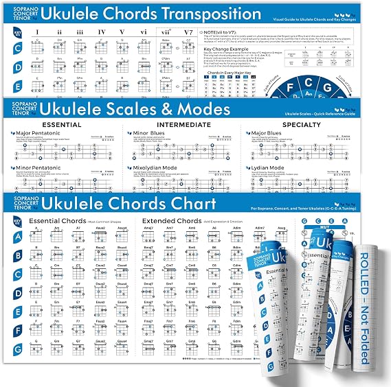 TiMitA Ukulele Chords, Scales & Transposition Chart Set 18x36, 3 Posters