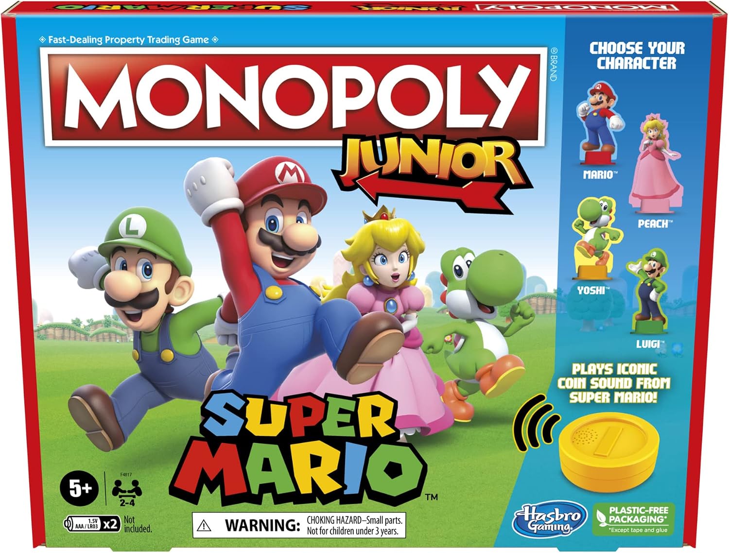 MONOPOLY Junior Super Mario Edition Board Game, Fun Kids' Game Ages 5 and Up, Explore The Mushroom Kingdom as Mario, Peach, Yoshi, or Luigi