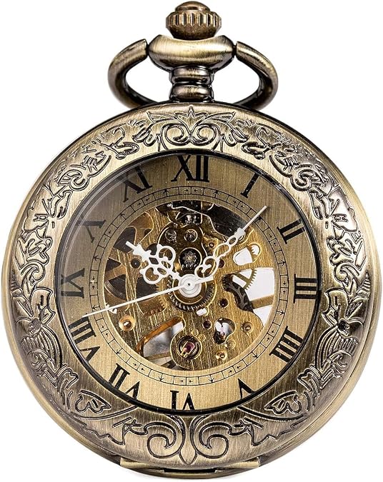 SIBOSUN Pocket Watch Mechanical Skeleton Antique Men Bronze Roman Numerals Hand Wind