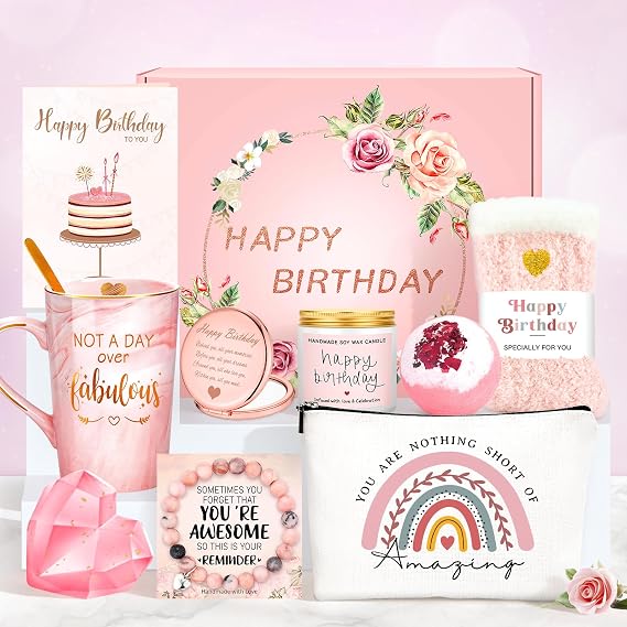 Birthday Gifts for Women Happy Birthday Gift Basket Not Unique Amazing Mug Gift Idea Pink Gift Box Set Gift for Her Friend, Mom, Sister, Wife, Colleague, Daughter, Aunt
