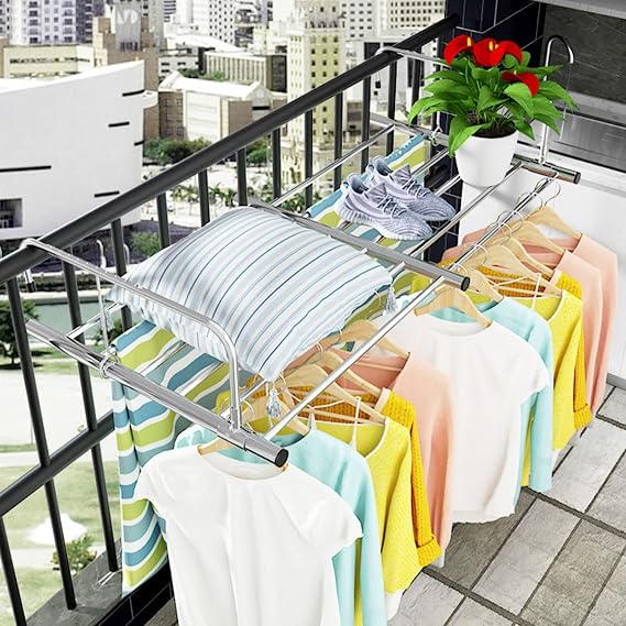Portable Clothes Drying Rack For Balcony Railings Windowsill, Stainless Steel Laundry Drying Rack, Folding Towel Rack Indoor Outdoor Retractable Laundry Rack For Clothes, Shoes, Potted Plants ( Color