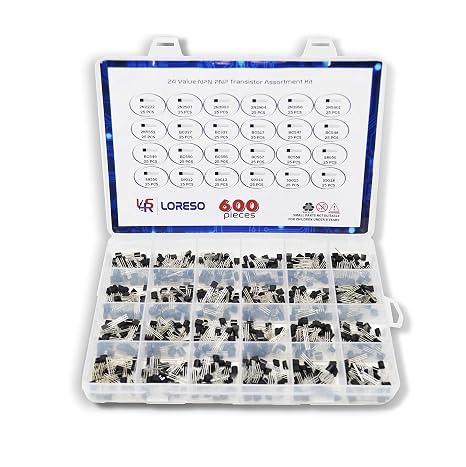 Transistor Assortment Kit Box By Loreso - 600 Piece 24 Value NPN PNP Transistor Box 2N2222 2N2907 BC327 BC337 BC556 2N3903 S9012 for Hobby Electronics, Audio-Video, Repair & Electronic Projects