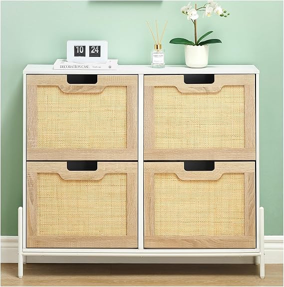Entryway Shoe Storage Cabinet with 4 Drop-Front Drawers,Freestanding Organizer with Steel Legs & Adjustable Shelves,Narrow Space-Saving Design for Apartments, Hallways, Mudrooms