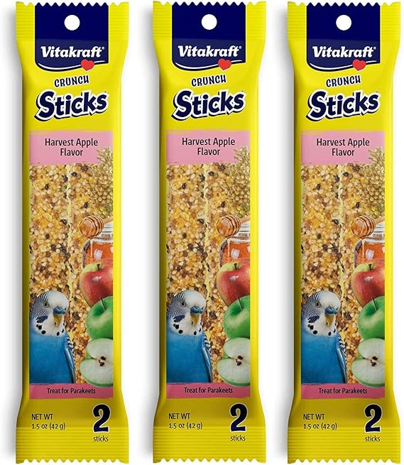 Vitakraft 3 Pack of Harvest Apple Crunch Sticks for Parakeets, 2 Sticks Each