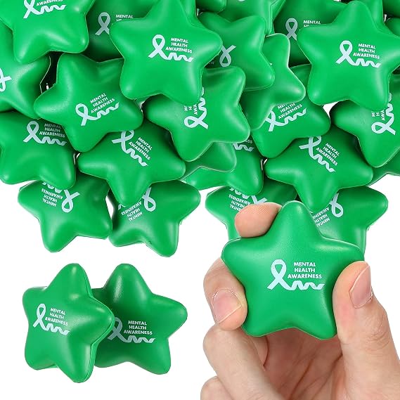Arrowbash 100 Pcs Mental Health Awareness Items Mini Star Stress Ball Green Awareness Foam Toys for Adults Mental Health Gifts Anxiety Stress Relief Toys for Fundraiser Gifts Supporting Minds