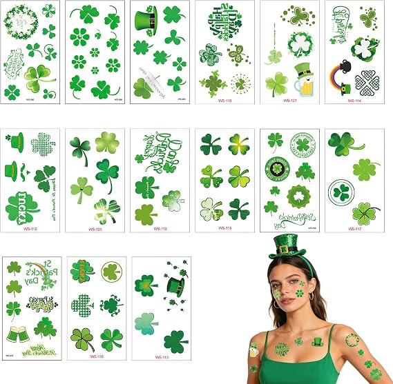 15 Sheet St.Patrick's Day Shamrock Tattoos, St. Patrick's Day Temporary Tattoo Stickers, Shamrock Temporary Tattoo Stickers for Kids Adults, Saint Patricks Days Accessories, for Saint Patricks Days