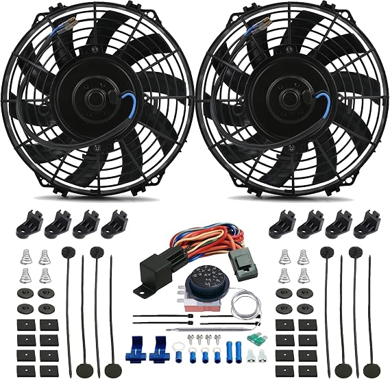 Dual Reversible 12V Electric Engine Radiator Cooling Fan & Adjustable Thermostat Switch Kit (9" Inch)