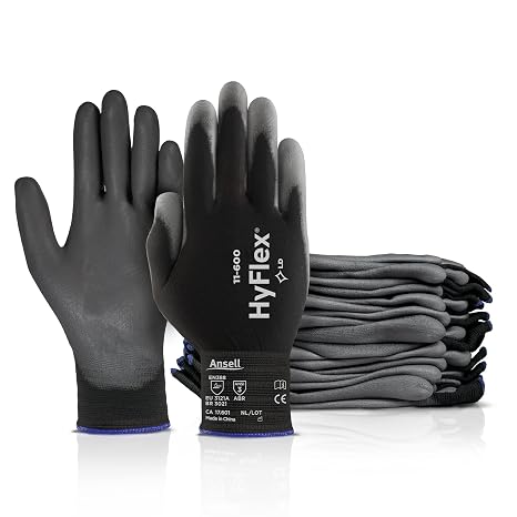 Ansell HyFlex 11-600 Black Light Duty Work Gloves, Size XS, 12 Pairs