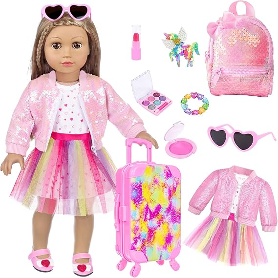 BDDOLL American 18 Inch Doll Clothes and Accessories with Travel Suitcase and Makeup fit 18 Inch Doll Includes Suitcase, Backpack, Sunglasses Lipstick, Eyeshadow Palette, Bracelet, Hair, Blusher