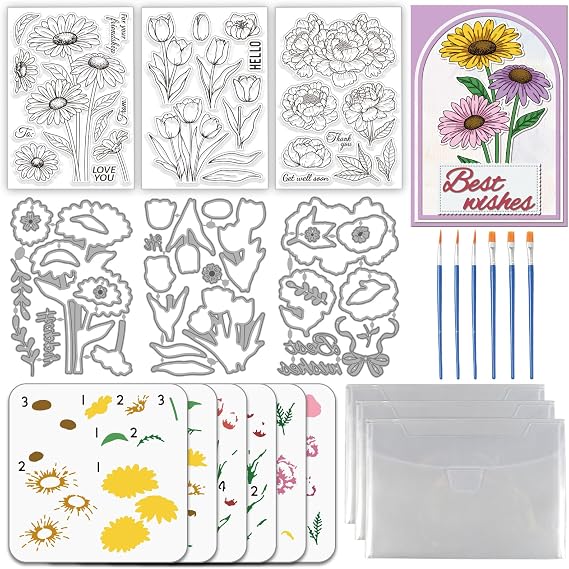 3 Sets Flower Clear Stamps & Cutting Dies & Painting Stencils for Card Making, Daisies Tulips Peonies Stamp and Metal Die Cuts PET Layering Coloring Stencil for DIY Scrapbooking Arts Crafts
