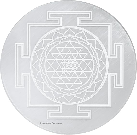 Selenite Crystal Charging Plate with Shree Yantra, 4 Inch
