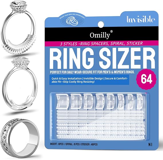 Ring Sizer Adjuster for Loose Rings, 64-Piece Set with 3 Types (Spiral Coils, Ring Guards, Sizing Strips) Fits Ring Widths 1-10mm, Invisible Resizing Solution for Women & Men