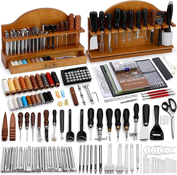 BUTUZE Leather Tools, Leather Crafting Kit with Leather Tool Rack | Leather Working Tools Kit for Adults, Carving, Stamping, Engraving, Sewing, Cutting, Punching and Diy Crafts