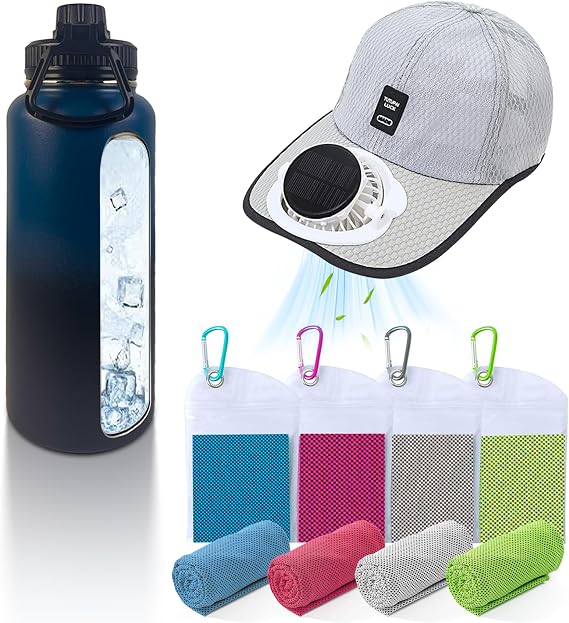 3-Piece Cooling Set for Summer Sports & Game Day, Solar Fan Hat, Insulated Water Bottle, Instant Cooling Towels, Soccer Events, Stadium, Travel, Outdoor Work Essentials
