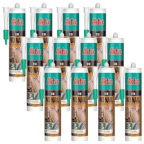 Akfix 510 No Nail Construction Adhesive (12x10.5 Oz.) - Heavy Duty Construction Adhesive and Sealant, Instant Grab, Flexible, Waterproof Glue for Floor, Wood, Tile, Concrete, Rubber, Metal | 12 Pack