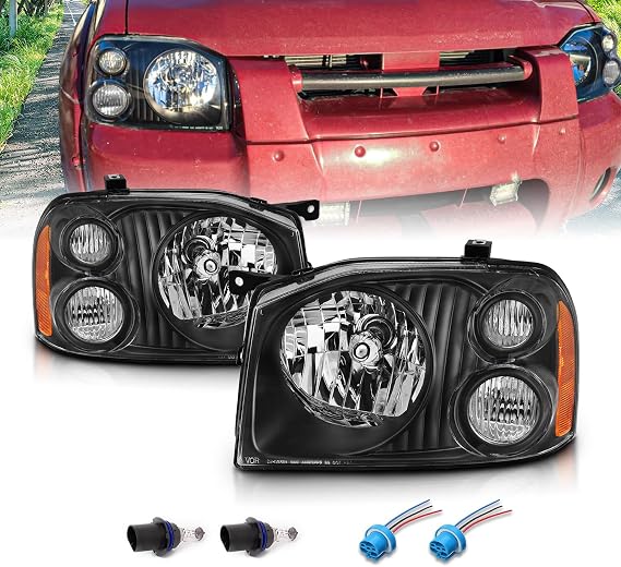 AmeriLite 2001-2004 Replacement Halogen Headlights For Nissan Frontier Pickup Truck D22 Base/SE/SC/XE (Pair) With Hi/Lo Beam Bulb, Vehicle Light Assembly, Black