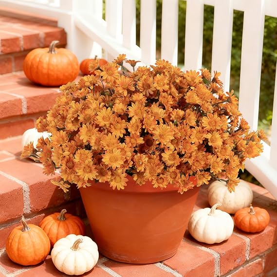 Coferset 12pcs Fall Decor Outdoors Daisy Artificial Flowers,Fall Orange