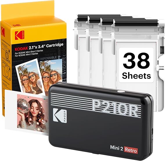 KODAK Mini 2 Retro 2x3 Portable Photo Printer, 4PASS, 38 Sheets, Black