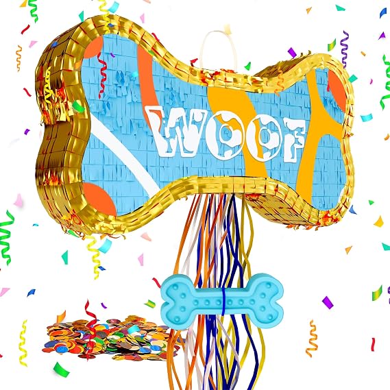 Dog Bone Pinata with Pull Strings - Puppy Birthday Party Decorations | Dog Themed Party Supplies, Blue (16.5"x9"x3")