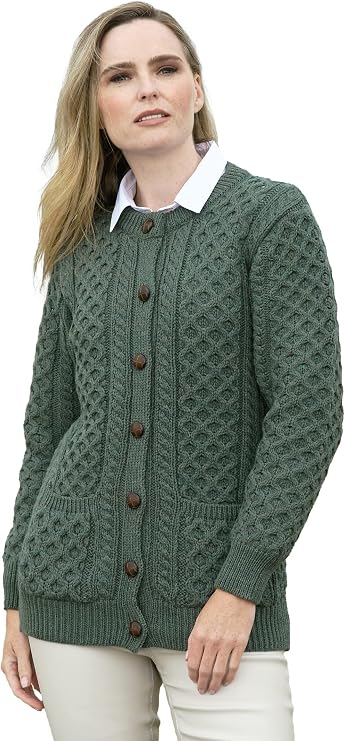 Aran Crafts Women's Cable Knit Soft Buttoned Lumber Jacket (100% Merino Wool)