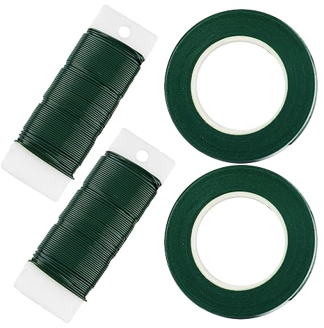 4in1 Floral Wire and Tape Kit, with 2 Rolls 1/2" Wide Dark Green Floral Tapes and 2 Rolls 22 Gauge 38 Yards Floral Wire (A)