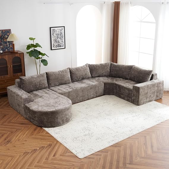 Harper & Bright Designs 141.7" Oversized Modular Sofa Cloud Sectional Sofa Set Upholstered Couches U-Shaped Sofa with Deep Seat for Living Room, Brown