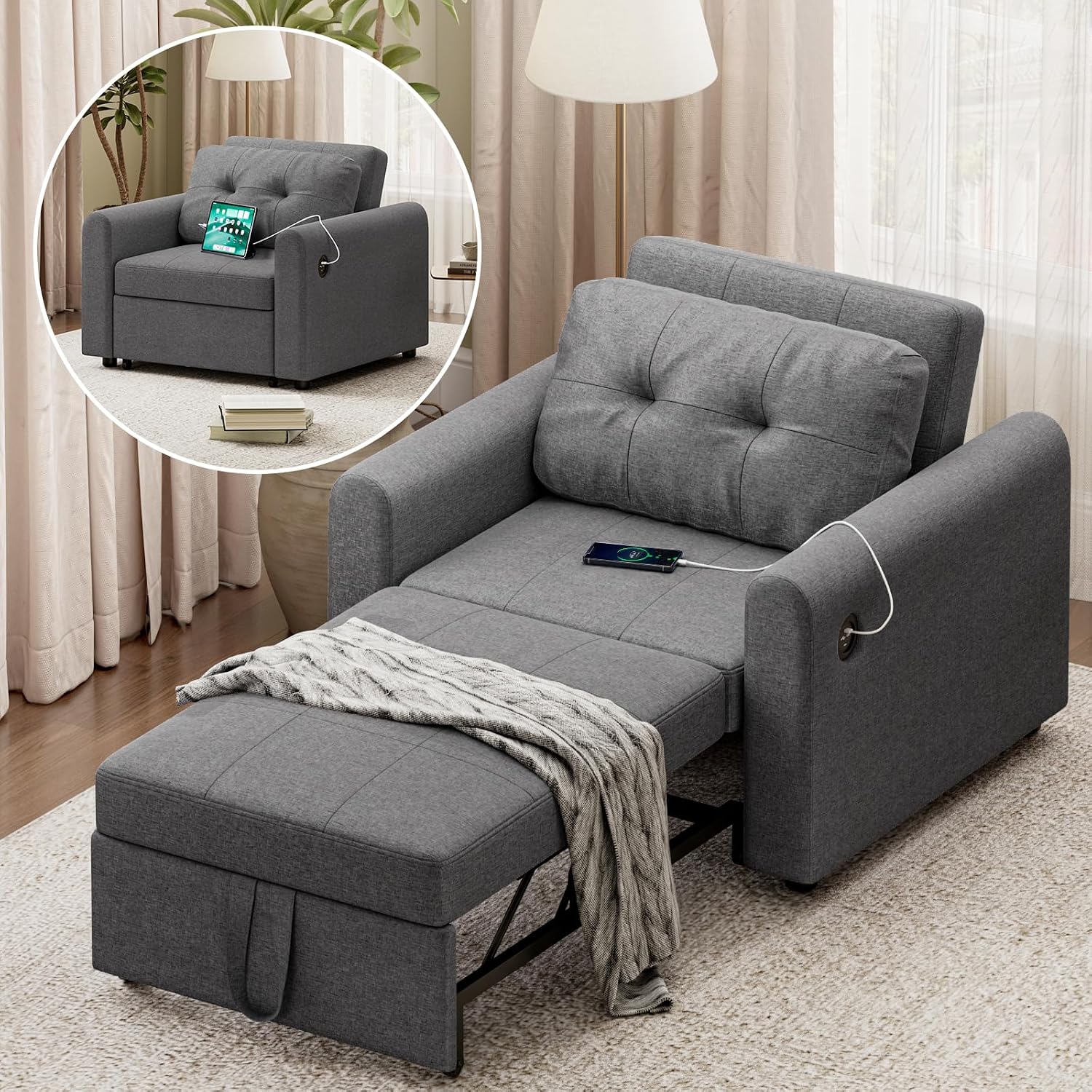 Single Sofa Bed, 3-in-1 Convertible Sleeper Chair with USB & Type-C Ports, Storage Pockets and 3-Position Adjustable Backrest, Linen Fabric Pull Out Couch Bed for Living Room, Bedroom, Dark Grey