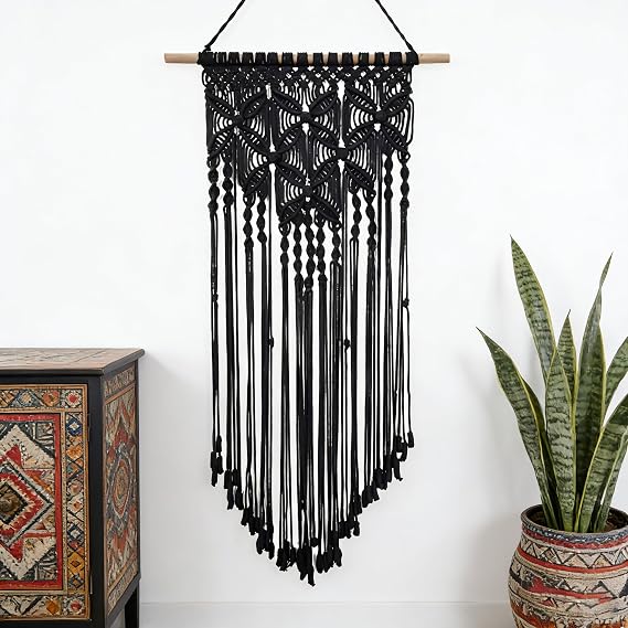 Esshogo Black Macrame Wall Hanging, Handmade Woven Tapestry | Macrame wall hanging decoration, oven wall hanging boho chic cotton handmade tapestry and door curtain decor apartment