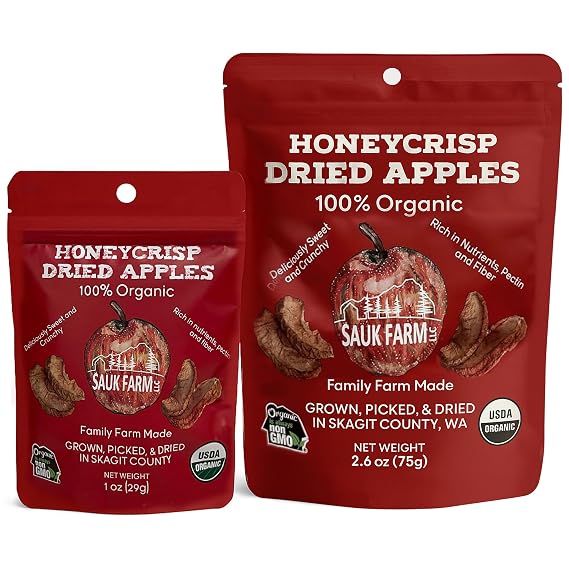 Sauk Farm Honeycrisp Dried Apple Slices 2.6oz Made from 100% Organic Regeneratively Grown Apples USDA Certified, No Sugar Added, Gluten-Free, Dairy-Free, Vegan From Skagit Valley, Washington