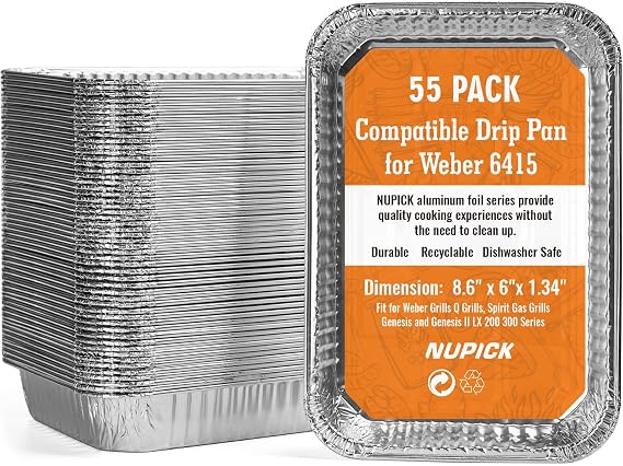 NUPICK 55 Pack 6415 Drip Pans Compatible for Weber Spirit Series, Genesis Series, Q Series Grills, Disposable Aluminum Foil Grease Trays, 8.5" x 6"
