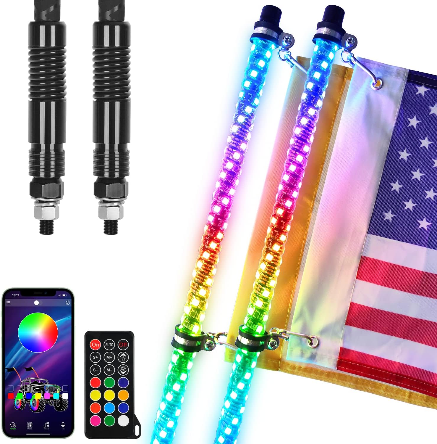 OHMU Upgraded Spring Release 2Pcs 5FT LED Whip Lights with Smaller Gaps,High Brightness,360°Spiraling Rising Dream Wrapped Dancing Offroad Warning Antenna Whips