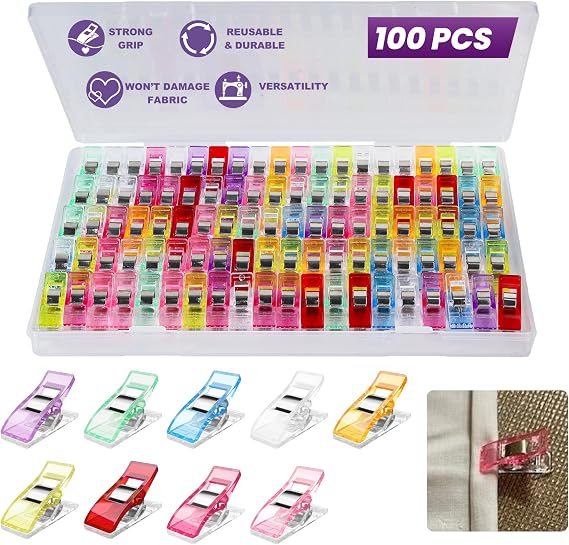 100PCS Sewing Clips with Storage Box | Strong Grip, No Pin Marks, Multi-Colored Quilting Clips for Fabric, Crafts & Sewing Projects