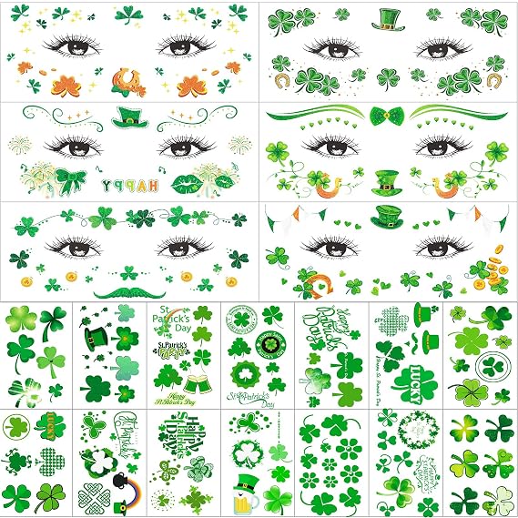 21 Sheets Glitter St Patrick's Day Face Temporary Tattoos, 100+ Glitter Lucky Clover Shamrock Temporary Tattoos, Waterproof Safety Irish Party St. Patricks Day Accessories