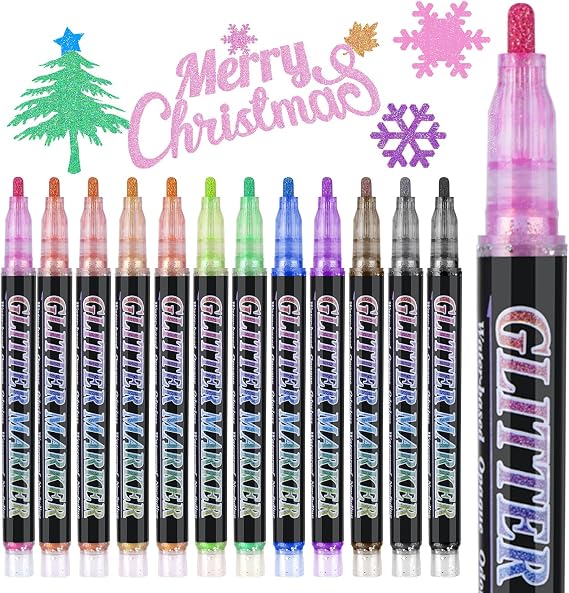 OLINGYOU Glitter Marker Pens,12 Colors Self-Shimmer Metallic Markers,Glitter Paint Pens DIY Crafts Greeting Birthday Cards, Making Poster,Album,Scrapbooking,Wood