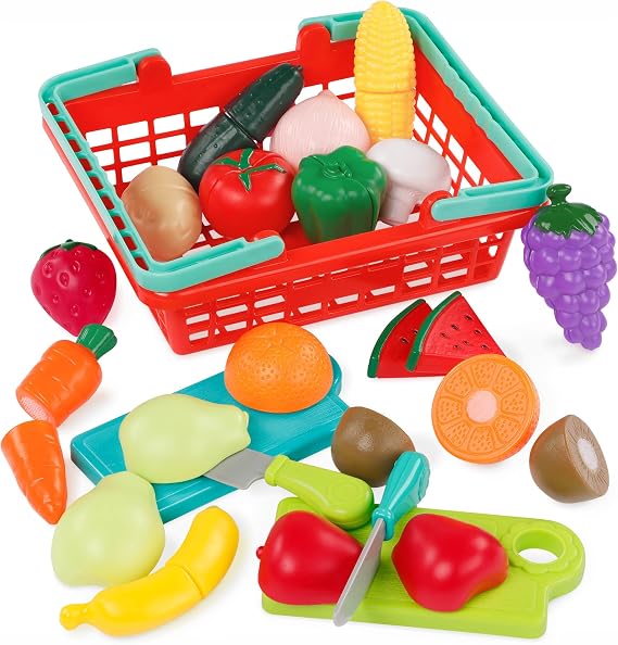 Battat Play Food Set, Farmers Market Produce Basket, 37-Piece, Red, Playset | Includes 1 basket, 2 cutting boards, 2 toy knives, and 16 cuttable fruits and vegetables for pretend play, Red, 2+ Years