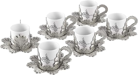 Hakan Handmade Turkish Coffee Cups Set of 6, Authentic Porcelain Espresso Cups with Saucers, Fancy Arabic Greek Coffee Set, Bosnian Coffee Cup for Gift (Silver), 2.36 Oz