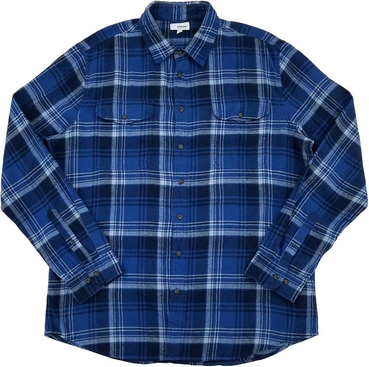 Sonoma Mens Blue Plaid Flannel Long Sleeve Button-Down Shirt