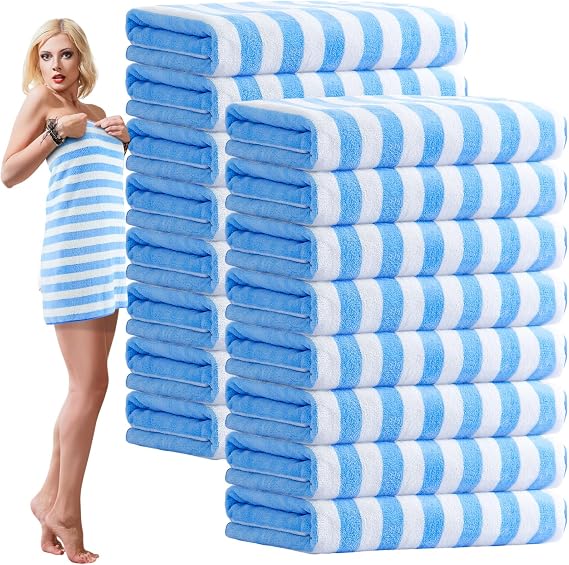 SmoothNovelty 16 Pack Microfiber Bath Towels Bulk,Light Blue,Stripes