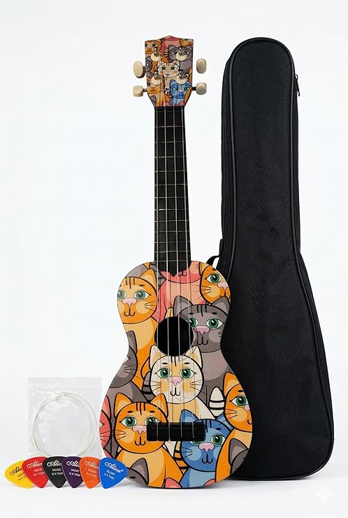Soprano Ukulele, Cat Pattern, Color Drawing, 4-Wire Musical Instrument, Decorative Children's and Adult Musical Instrument