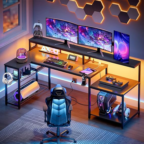 Bestier 71.5 Inch LShaped Gaming Desk with LED & Power Outlets, Black