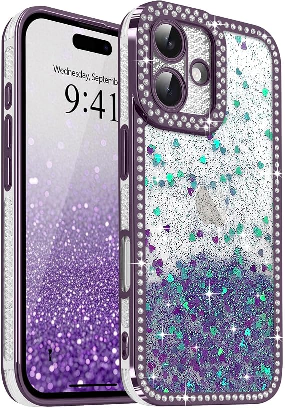 for iPhone 16 Case Glitter Heart Sequin Camera Cover, Purple