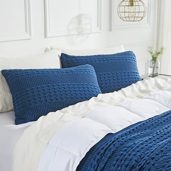 VHC Brands Waffle Weave Navy Blue Standard Sham Set of 2 20x26, Decorative Throw Pillow Covers/Shams, Boho Farmhouse Bedroom Decor