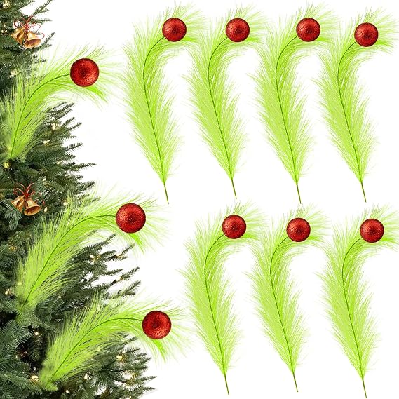 10 Pcs Christmas Tree Topper,17 Inch Green Christmas Picks and Sprays Stems with Red Ball,Artificial Tree Ornaments for Home Decor Wreath Craft Vase Fillers Supplies (red)