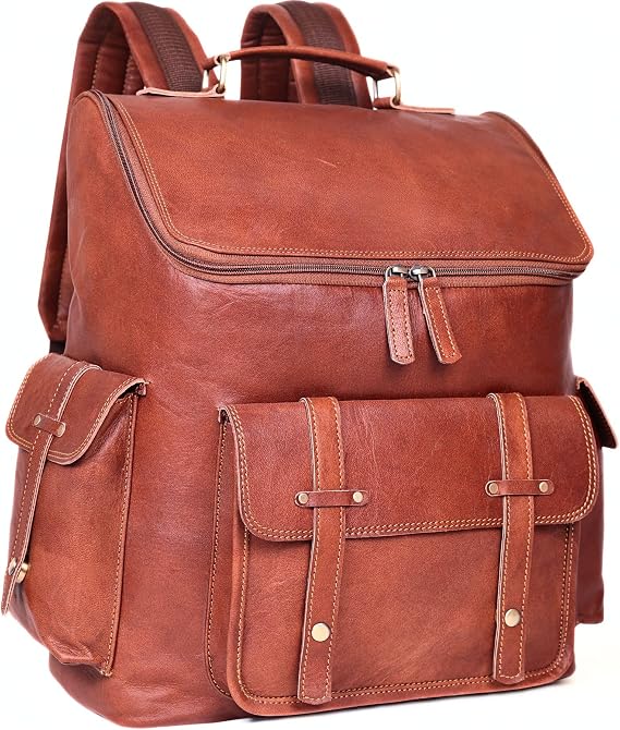 Brown Leather Backpack for Men 17-inch Genuine Leather Laptop Bag, Vintage Travel Rucksack with Padded Straps, Large Capacity Carry-On for Office, College, Hiking & Airplane Travel
