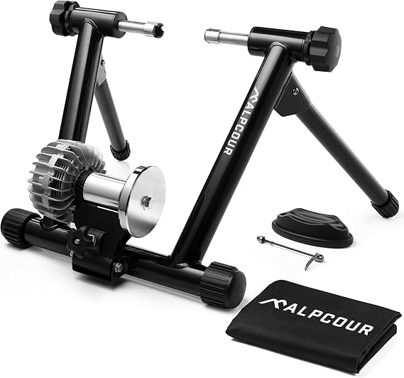 Alpcour Fluid Bike Trainer Stand for Indoor Riding Portable Foldable Stainless Steel Trainer, Noise Reduction, Progressive Resistance, Dual-Lock System Road & Mountain Bikes' Stationary Exercise