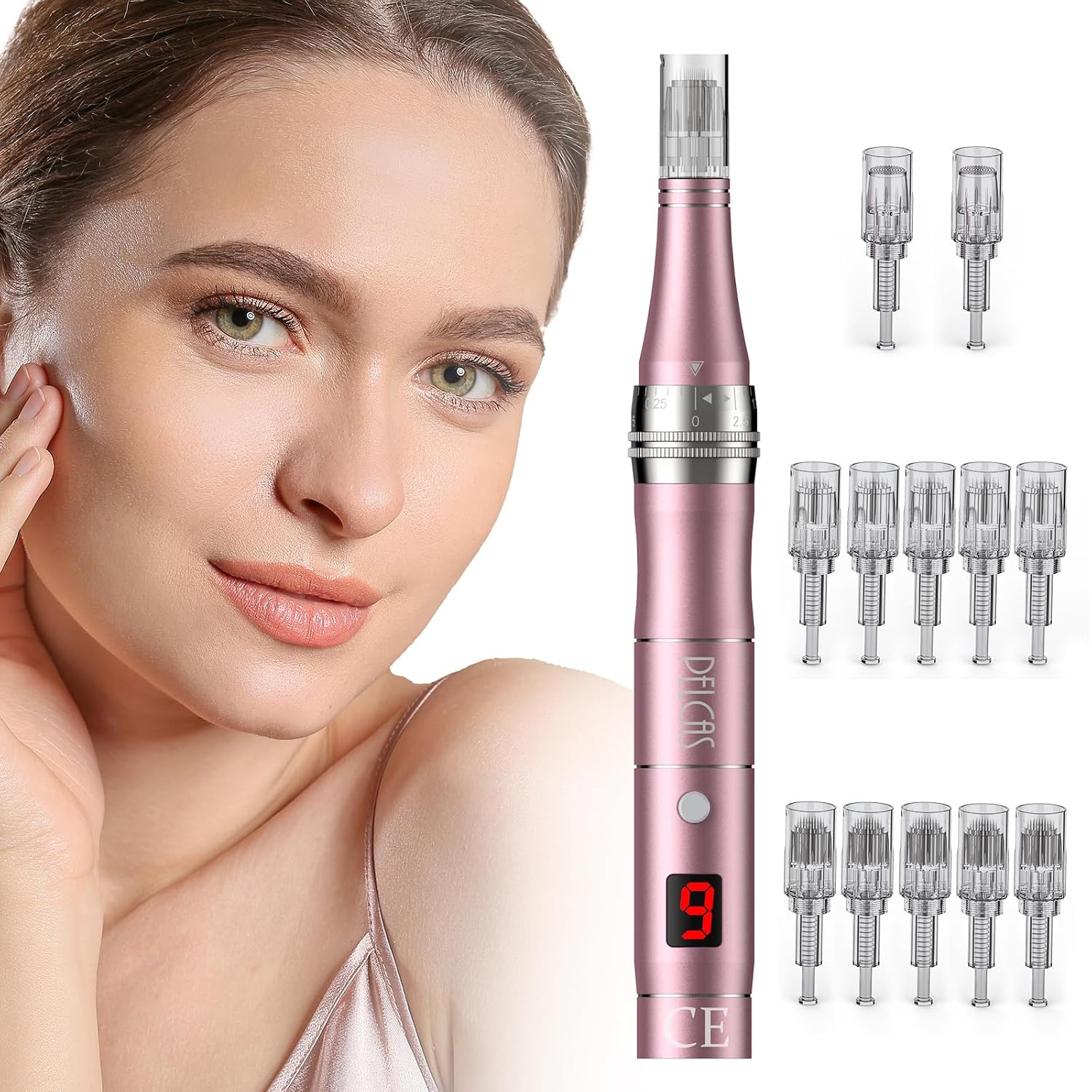 PELCAS Rechargeable Auto Derma Micro Needle Roller Electric Pen Anti Aging Skin Therapy Device with 3 Speed Levels Incl. 2 Needle Heads Wrinkle Stretch Marks Acne Scar Reusable